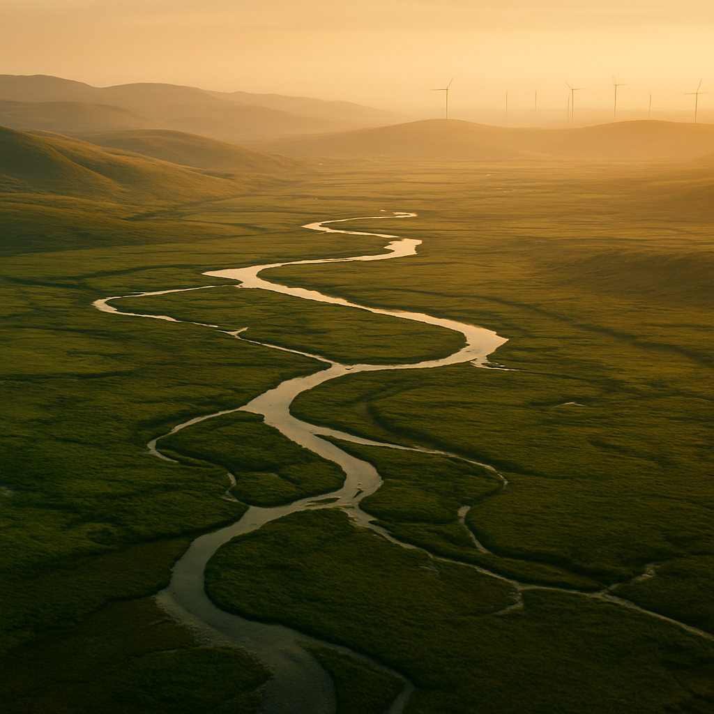 Aerial view of a green river delta with wind turbines on the horizon at golden hour